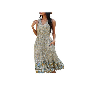 Temofon Dress Sz‎ L Multicolor Midi Floral Prairie Boho Festival Cottage EUC